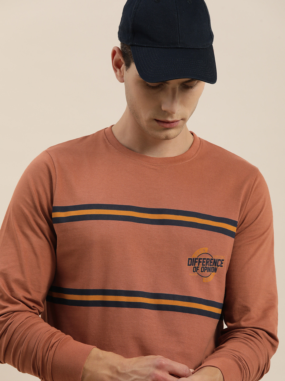 

Difference of Opinion Men Brown Striped Round Neck T-shirt