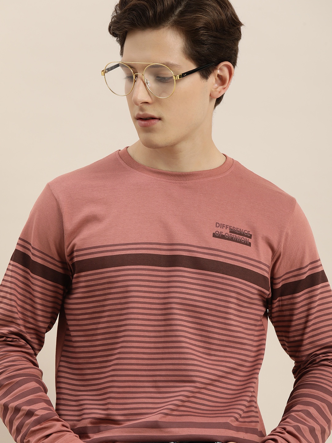 

Difference of Opinion Men Pink Striped Round Neck Pure Cotton T-shirt