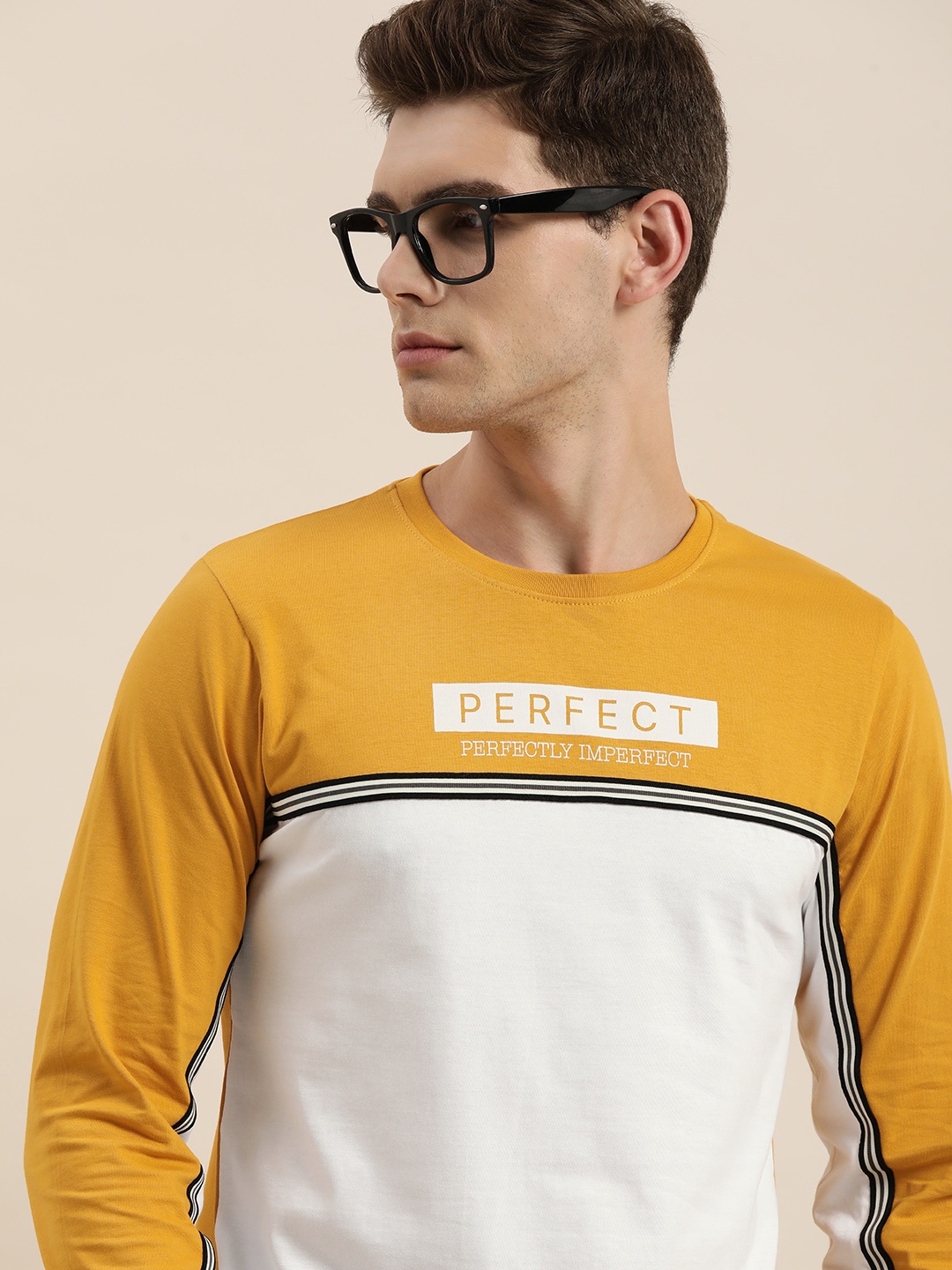 

Difference of Opinion White Mustard Yellow Pure Cotton Colourblocked Round Neck Pure Cotton T-shirt