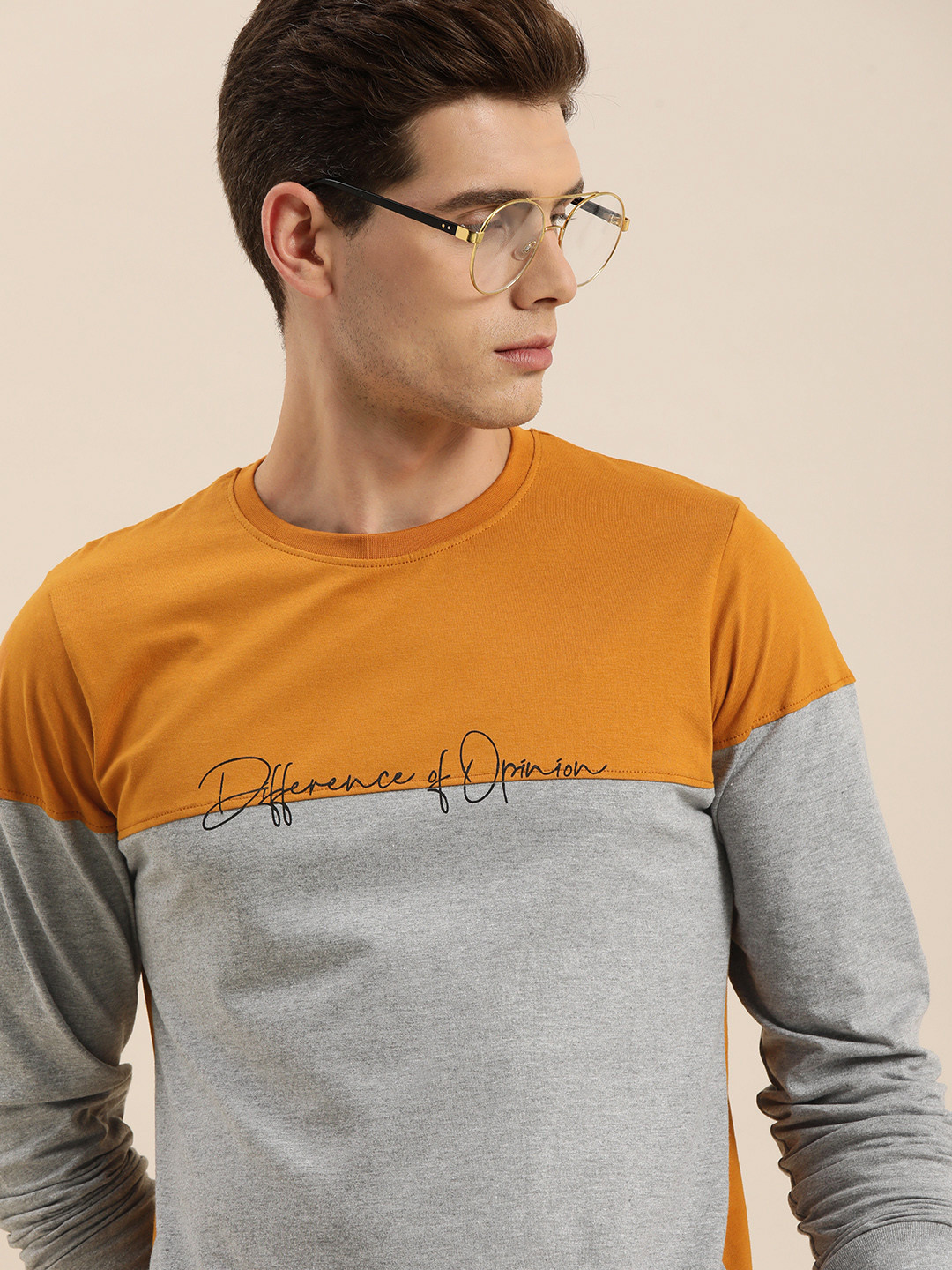 

Difference of Opinion Men Grey Melange Mustard Yellow Colourblocked Pure Cotton T-shirt