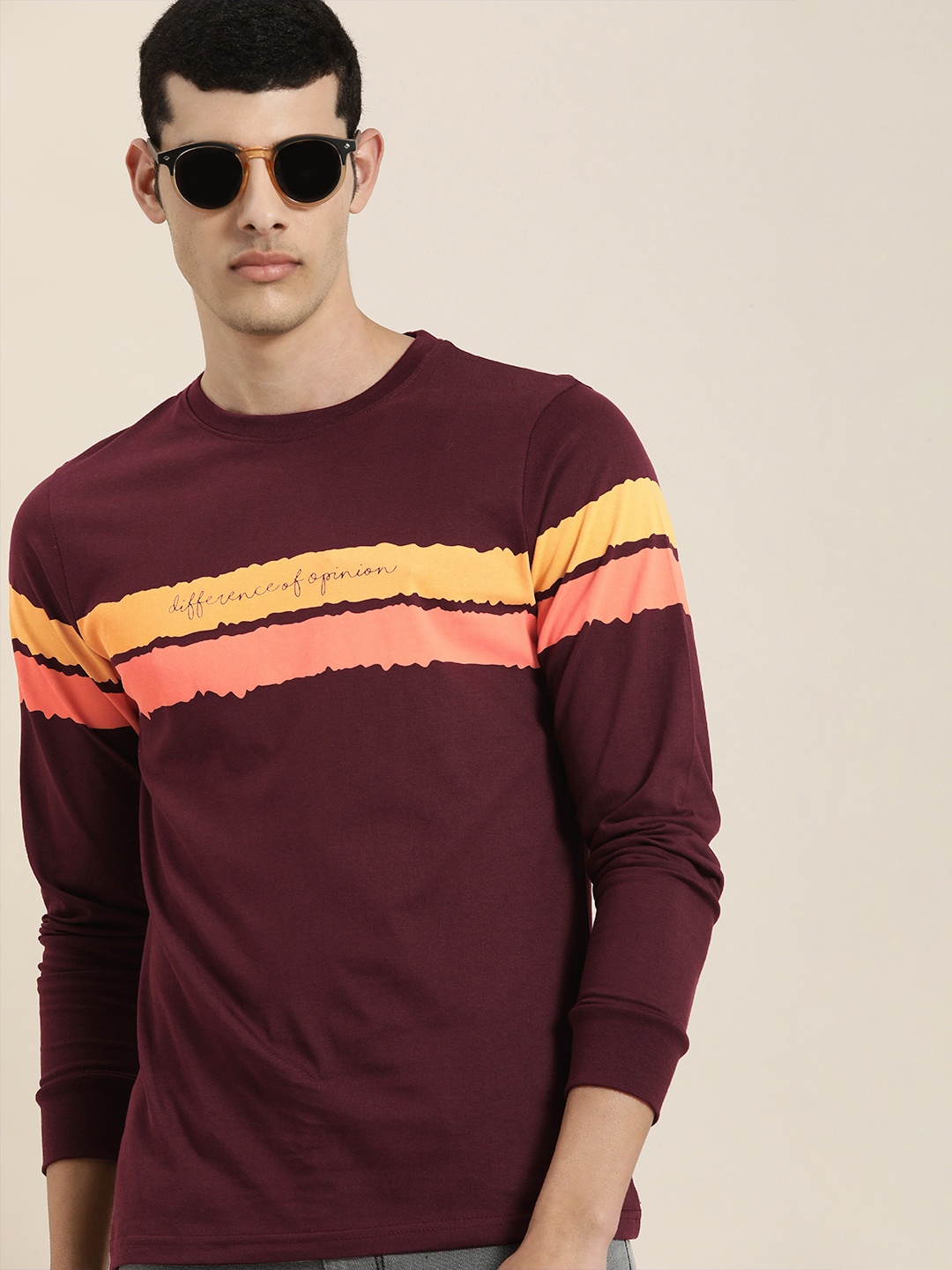 

Difference of Opinion Men Purple Pink Striped Round Neck Pure Cotton T-shirt