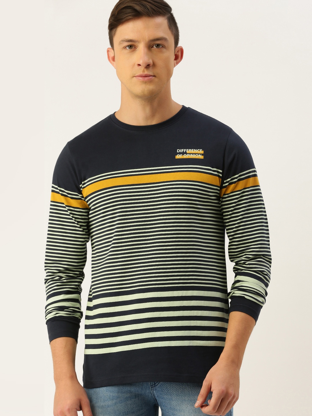 

Difference of Opinion Men Navy Blue White Striped Round Neck Pure Cotton T-shirt