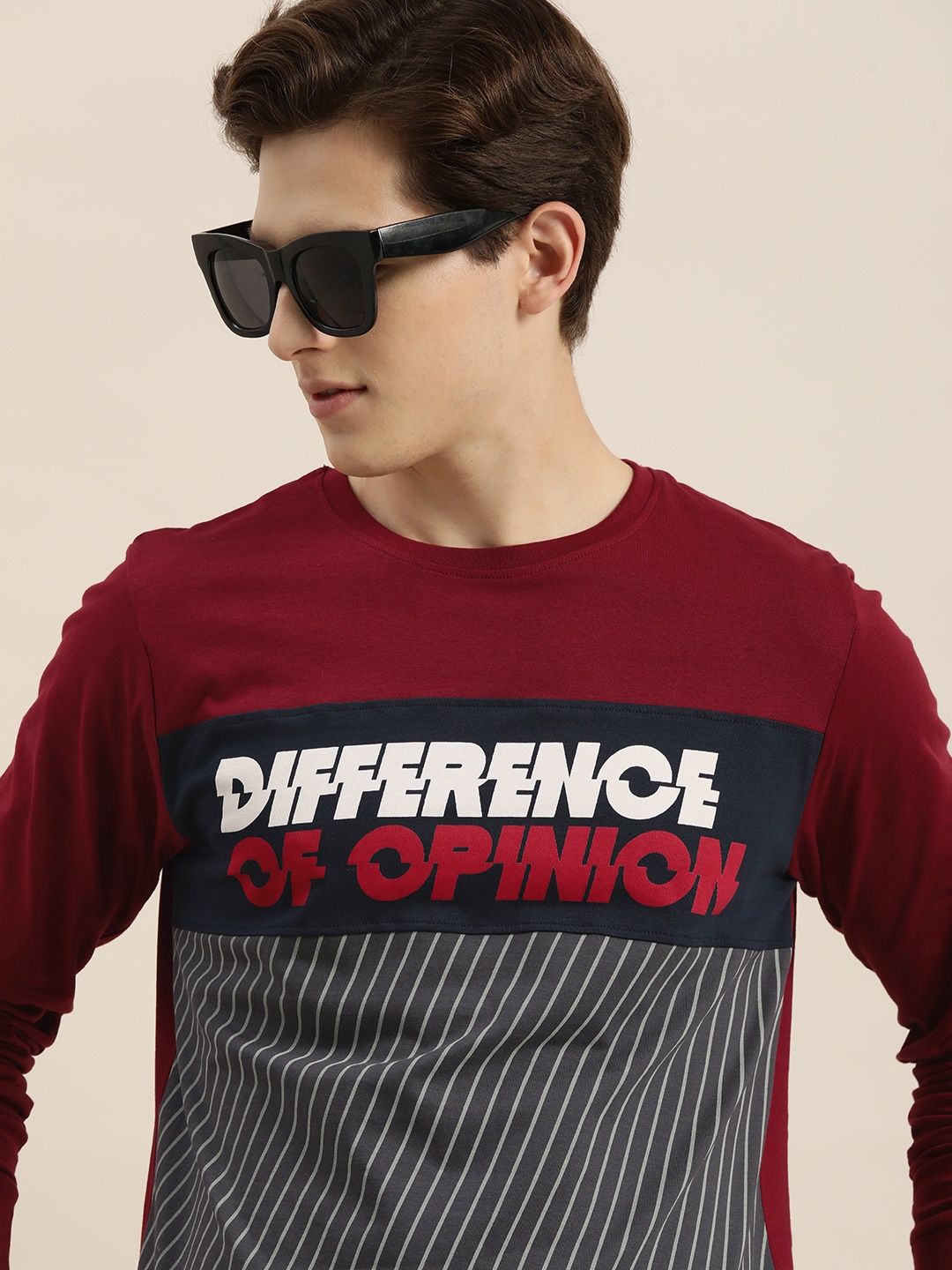 

Difference of Opinion Men Maroon Grey Melange Typography Colourblocked Pure Cotton T-shirt