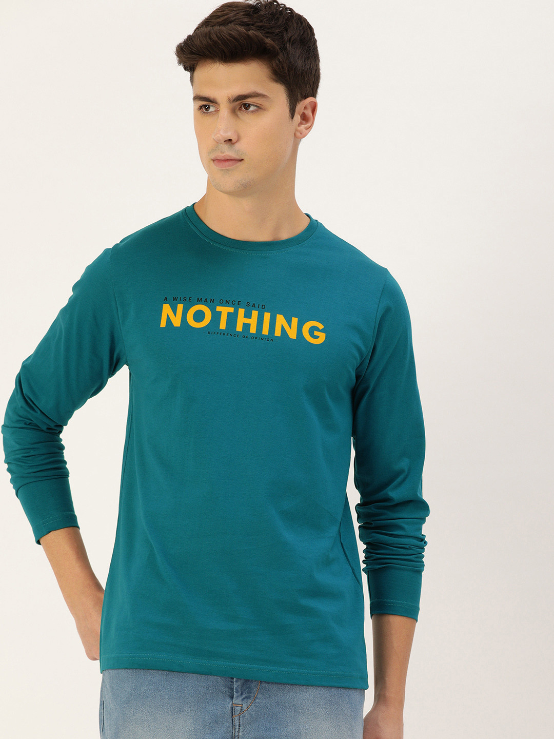 

Difference of Opinion Men Teal Blue Mustard Yellow Printed Round Neck Cotton Pure Cotton T-shirt