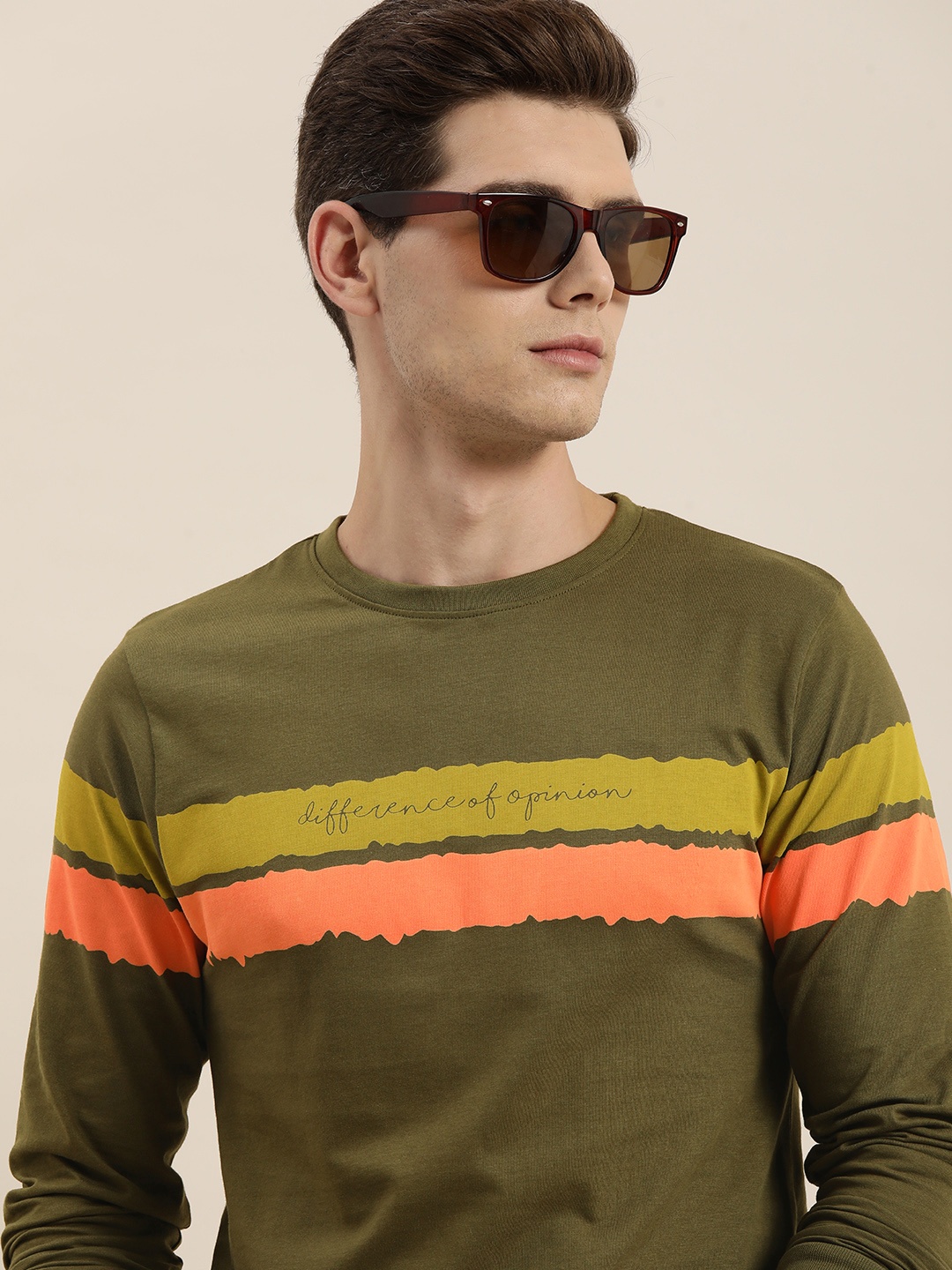 

Difference of Opinion Men Olive Green & Peach-Coloured Striped T-shirt