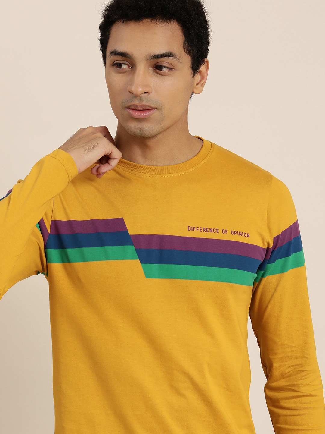 

Difference of Opinion Men Mustard Yellow Striped Round Neck Pure Cotton T-shirt