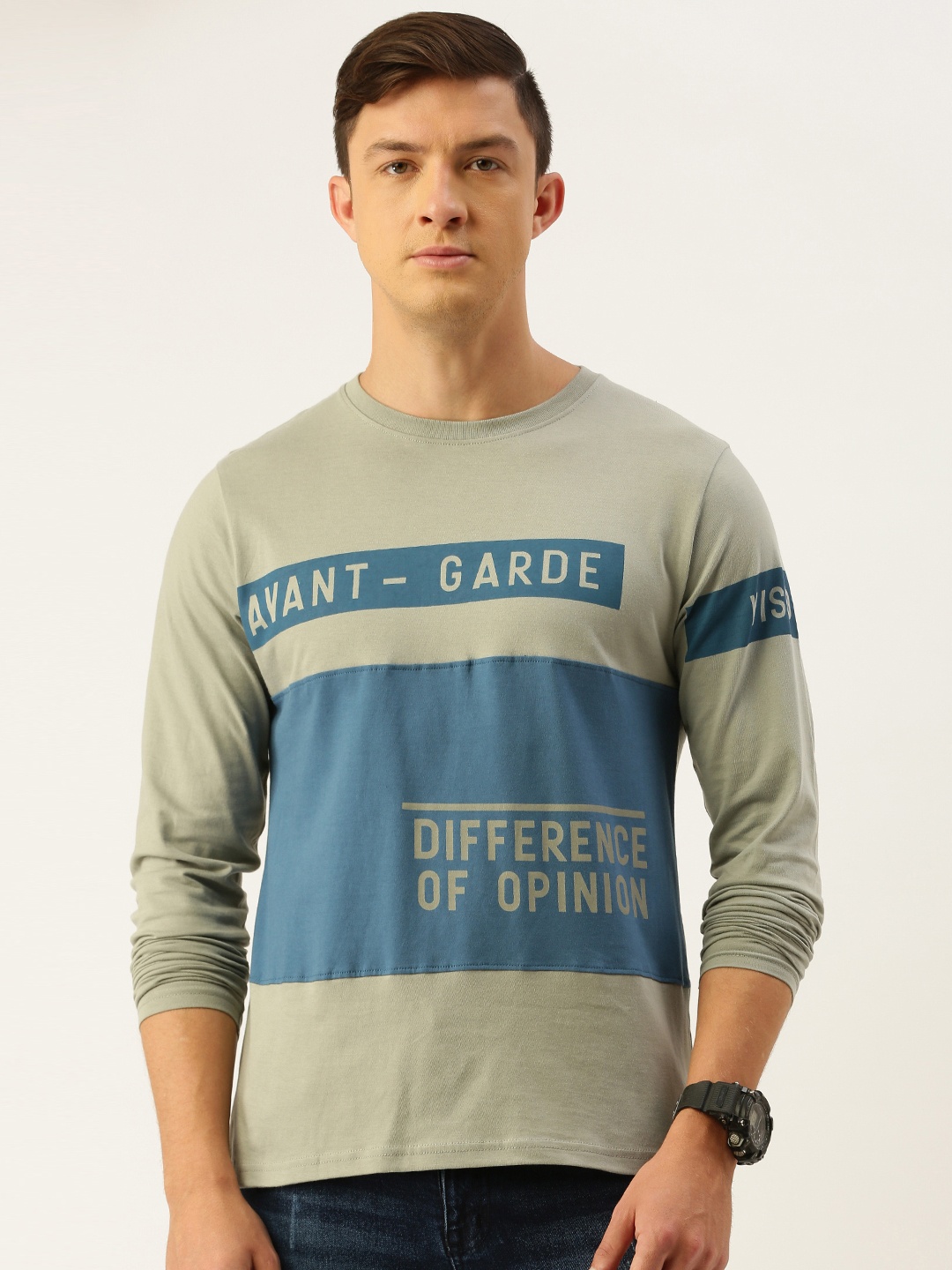 

Difference of Opinion Men Grey Blue Printed Round Neck Pure Cotton T-shirt