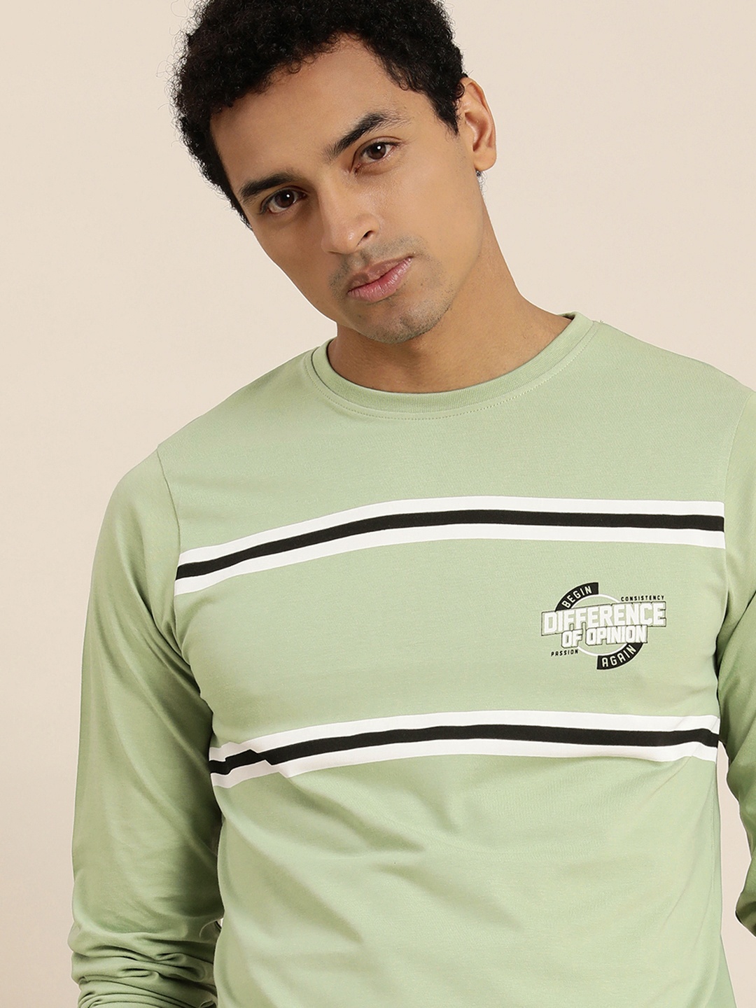 

Difference of Opinion Men Green Striped Round Neck T-shirt