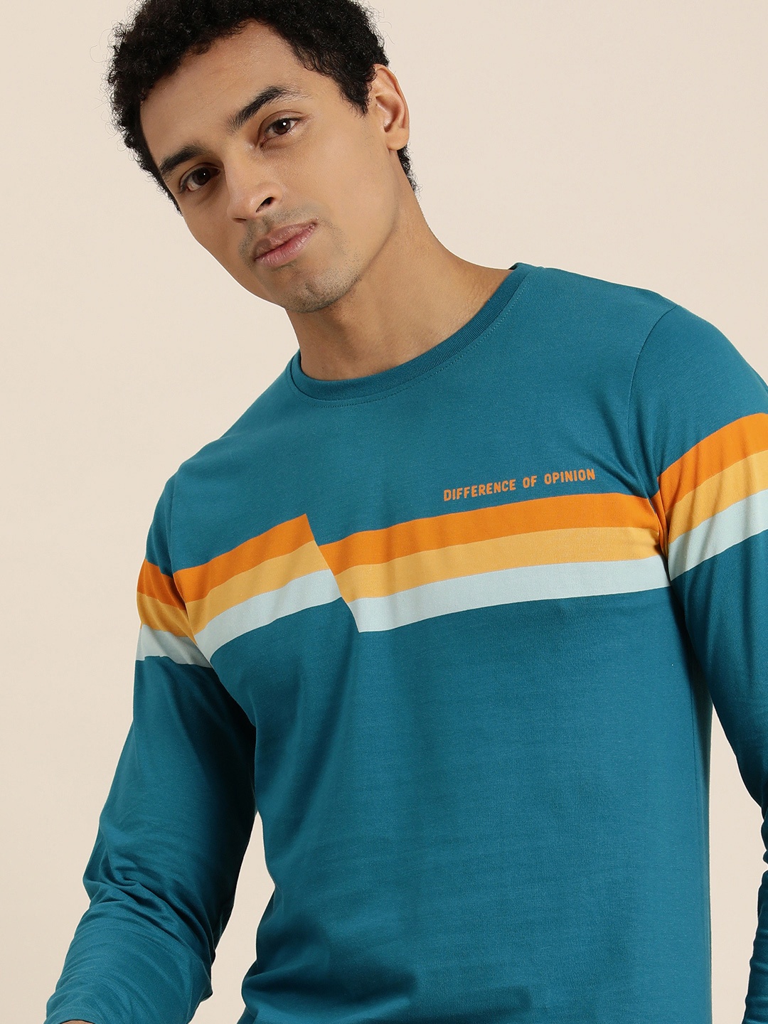 

Difference of Opinion Men Teal Blue Striped Round Neck Pure Cotton T-shirt