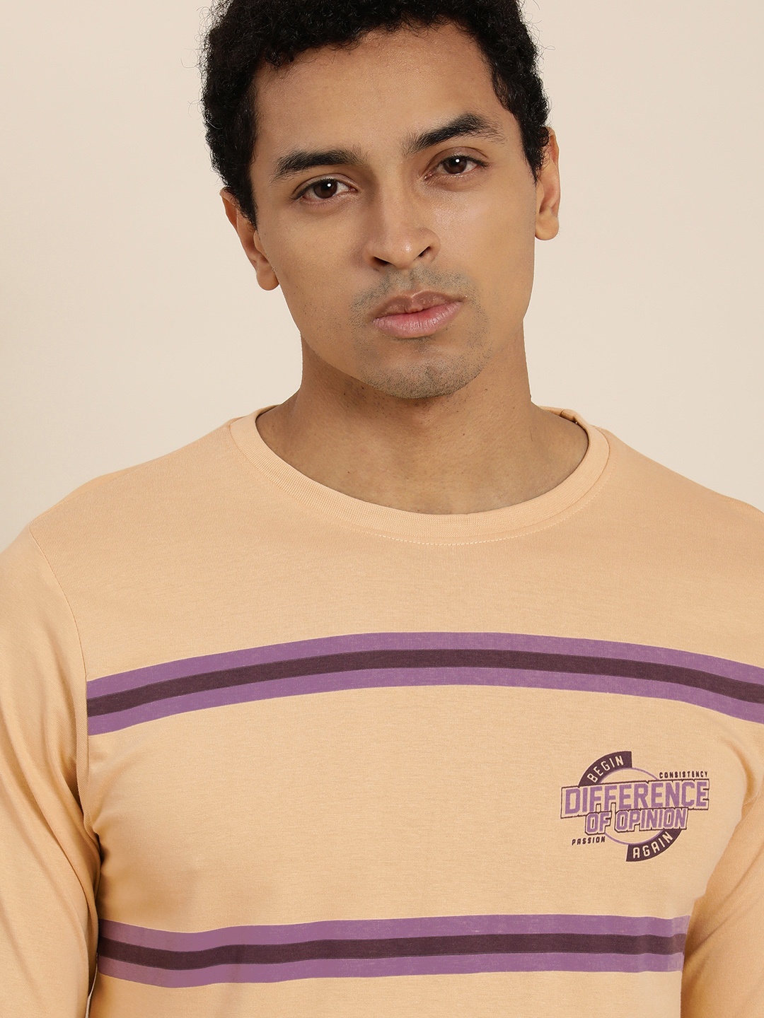 

Difference of Opinion Men Beige Printed Round Neck Pure Cotton T-shirt