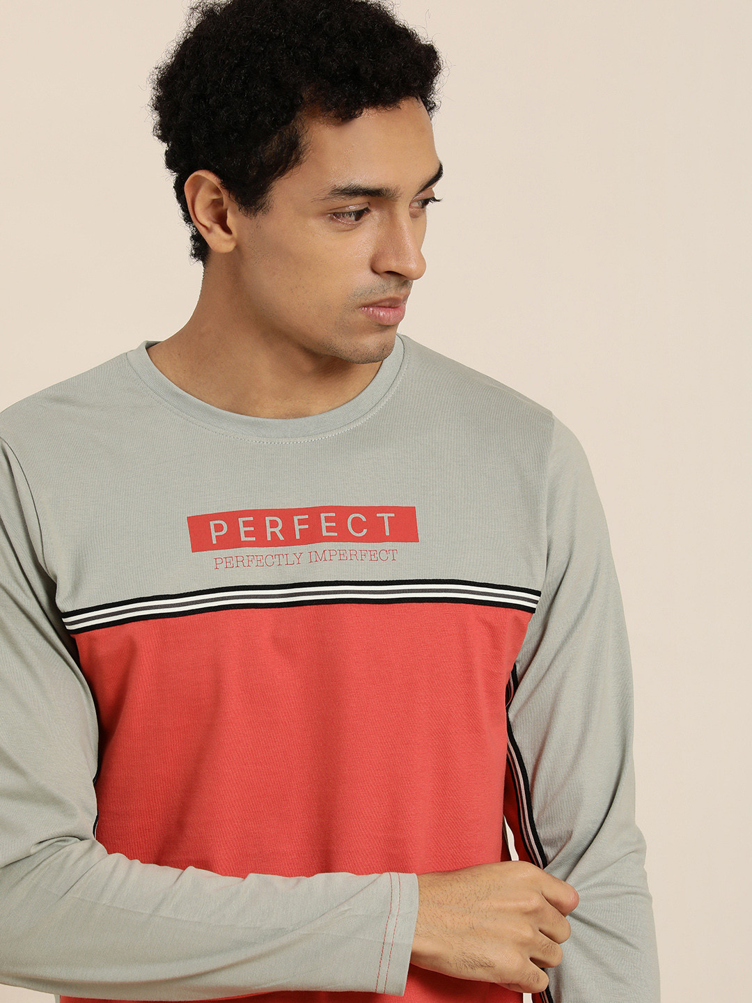 

Difference of Opinion Men Grey Coral Orange Colourblocked Round Neck Pure Cotton T-shirt