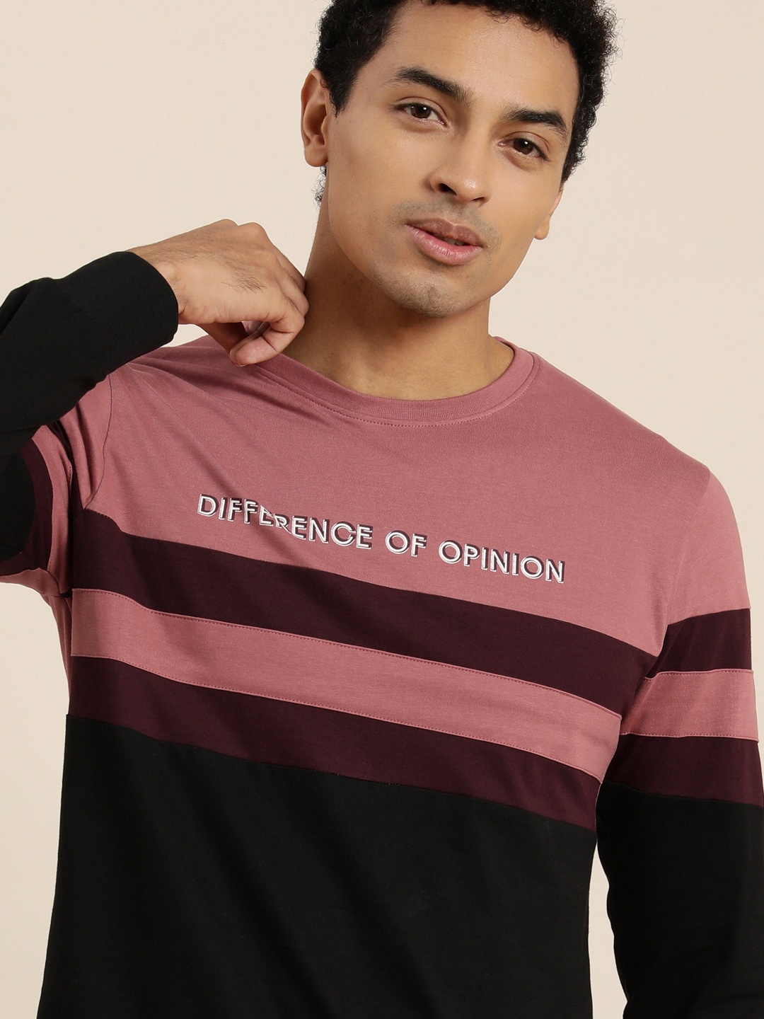 

Difference of Opinion Men Pink Black Colourblocked Round Neck Pure Cotton T-shirt