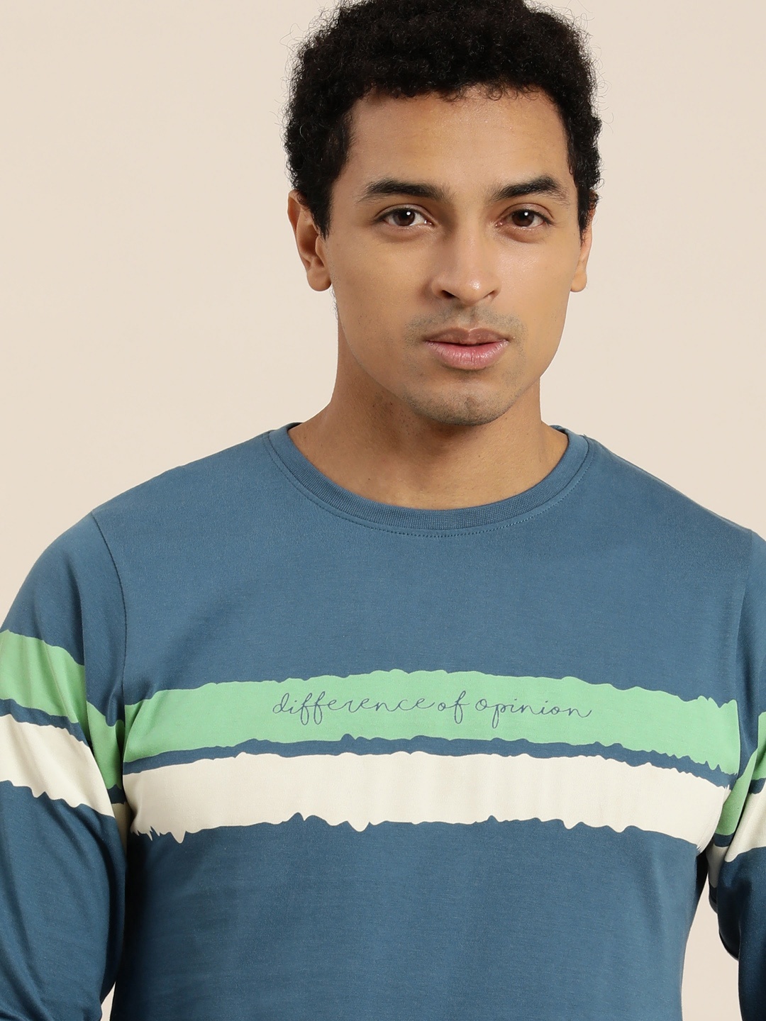 

Difference of Opinion Men Teal Blue Striped Round Neck Pure Cotton T-shirt