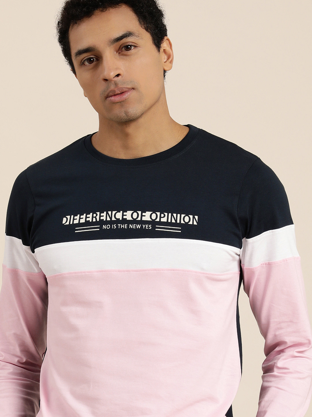 

Difference of Opinion Men Navy Blue Pink Colourblocked Round Neck Pure Cotton T-shirt