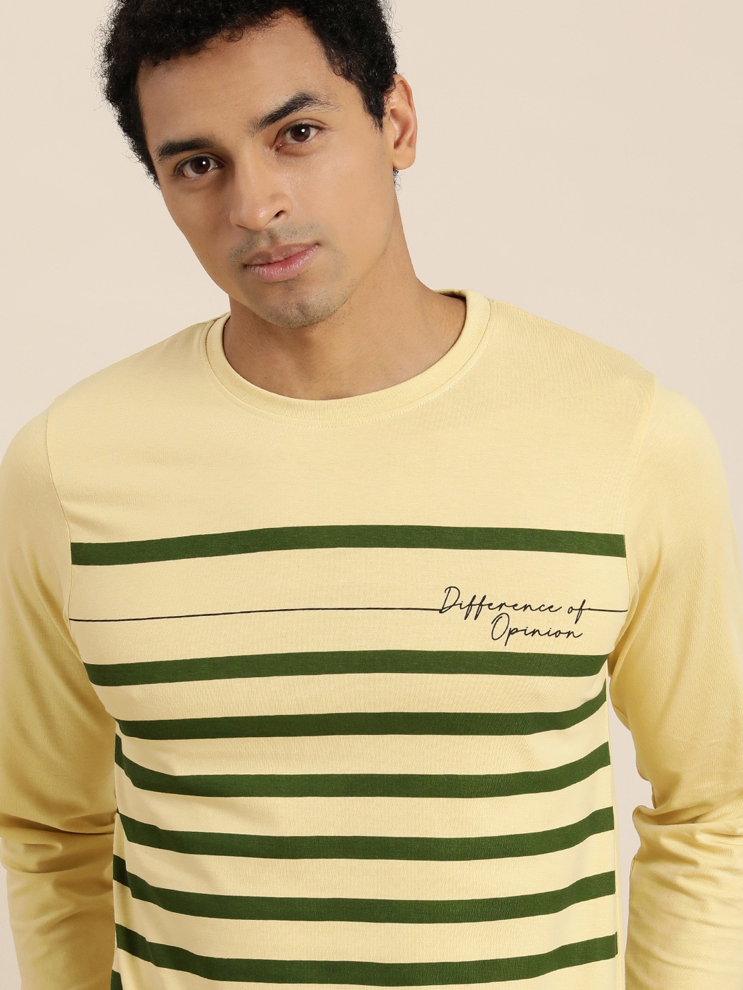 

Difference of Opinion Men Cream-Coloured Olive Green Striped Round Neck Pure Cotton T-shirt