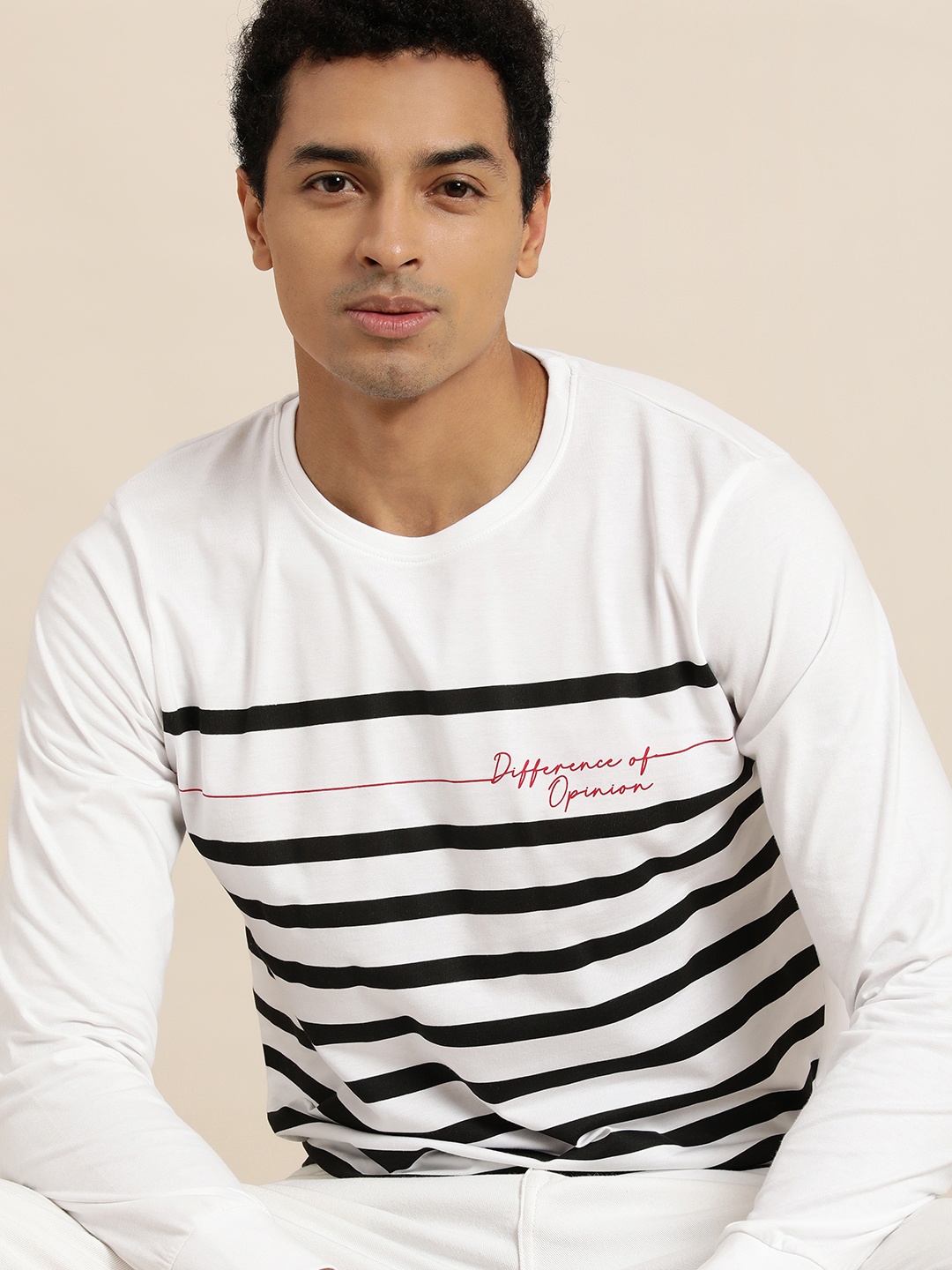 

Difference of Opinion Men White Striped Round Neck T-shirt