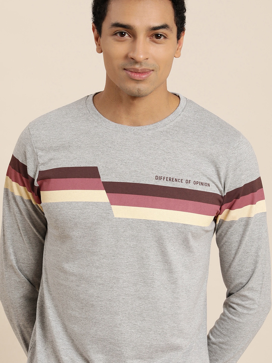 

Difference of Opinion Men Grey Melange Striped Round Neck T-shirt