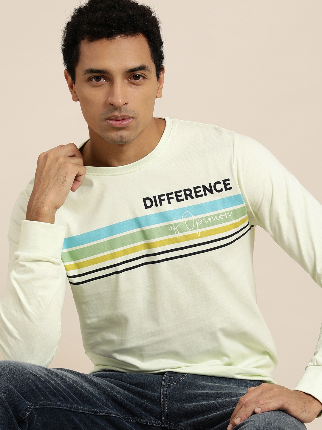 

Difference of Opinion Men Lime Green Black Striped Round Neck Pure Cotton T-shirt