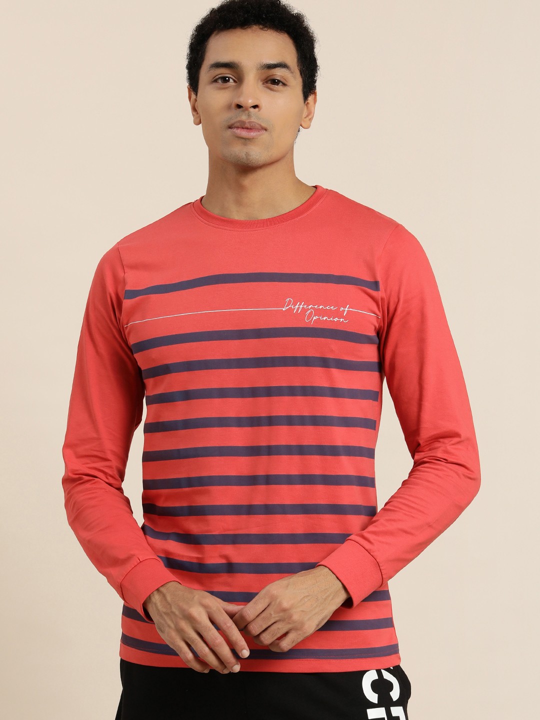 

Difference of Opinion Men Red Navy Blue Striped Round Neck Pure Cotton T-shirt