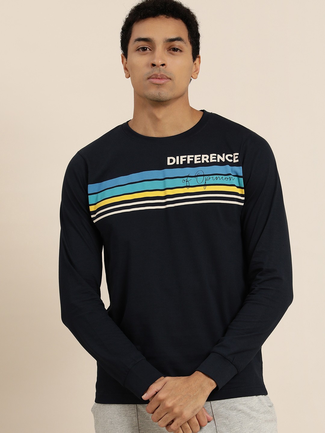 

Difference of Opinion Men Navy Blue Striped Round Neck T-shirt