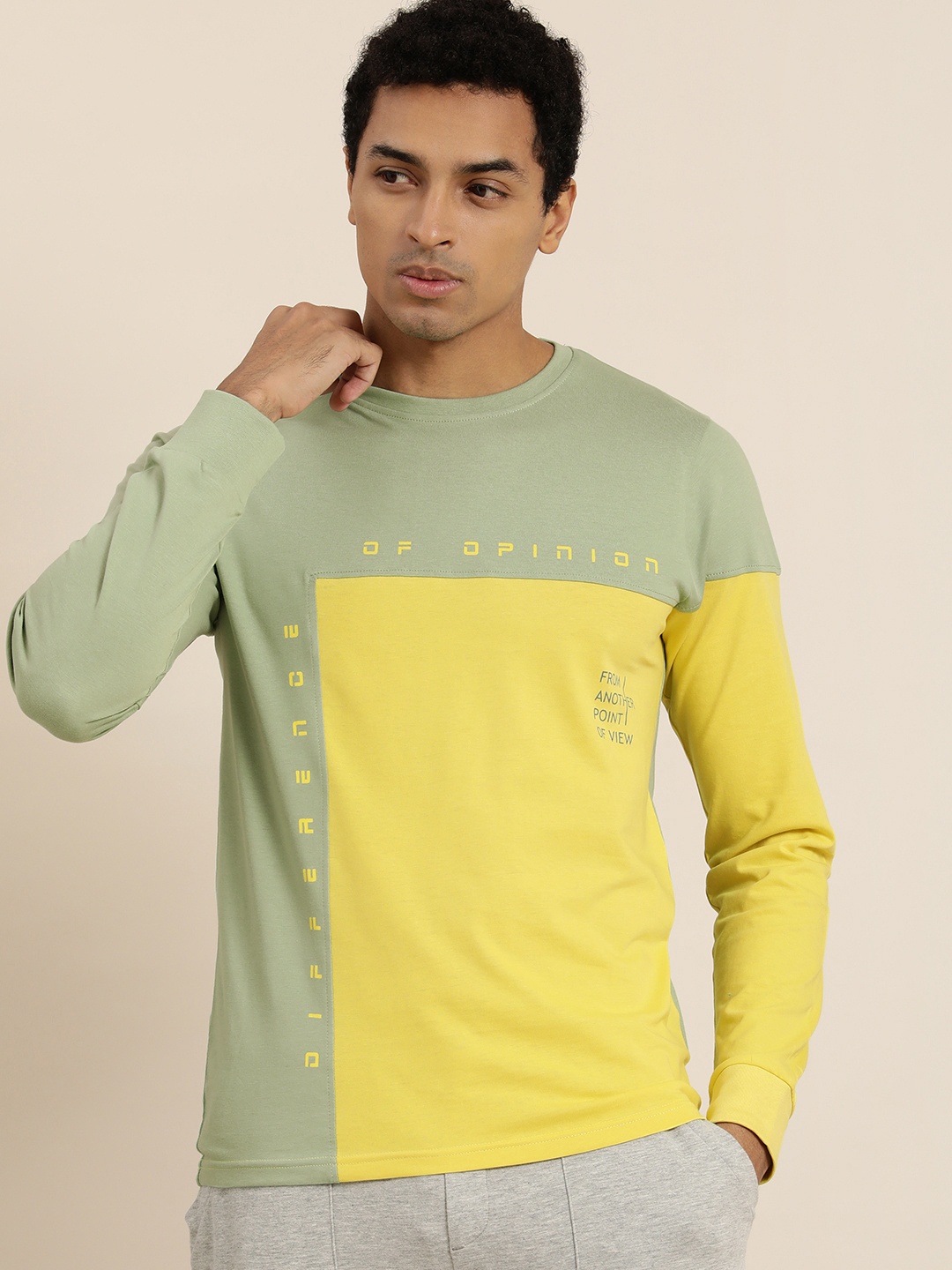 

Difference of Opinion Men Green Yellow Colourblocked Round Neck Pure Cotton T-shirt