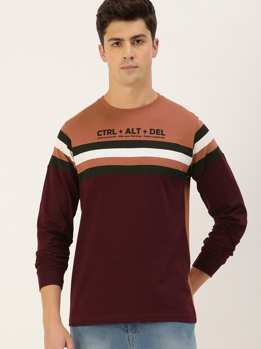 

Difference of Opinion Men Brown Burgundy Colourblocked Round Neck Pure Cotton T-shirt