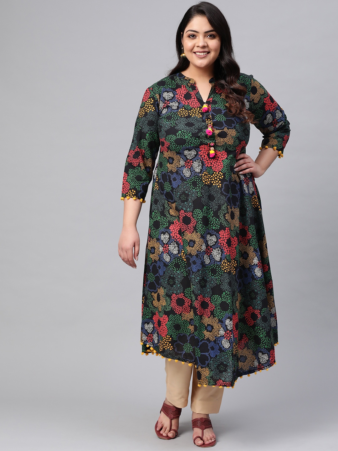 

YASH GALLERY Plus Size Women Navy Blue & Green Floral Print A-Line Kurta