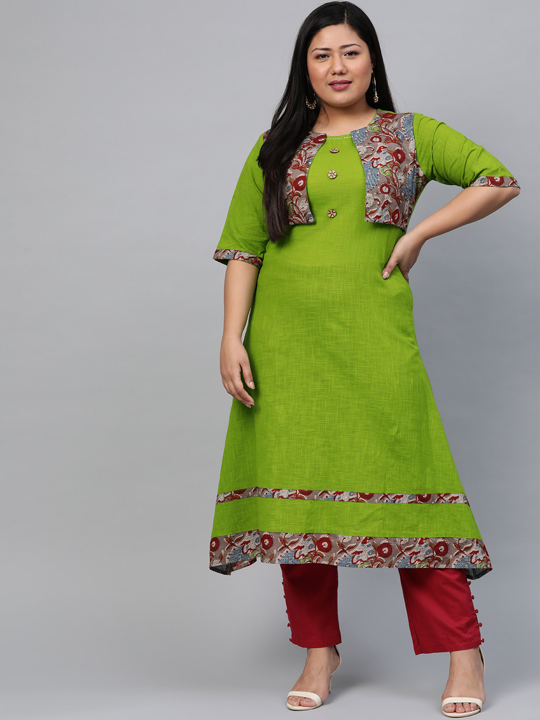 

YASH GALLERY Women Plus Size Green Yoke Design A-Line Kurta