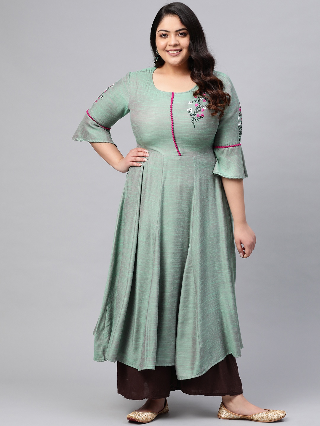 

YASH GALLERY Women Plus Size Green & Pink Dual-Toned Solid Panelled Anarkali Kurta