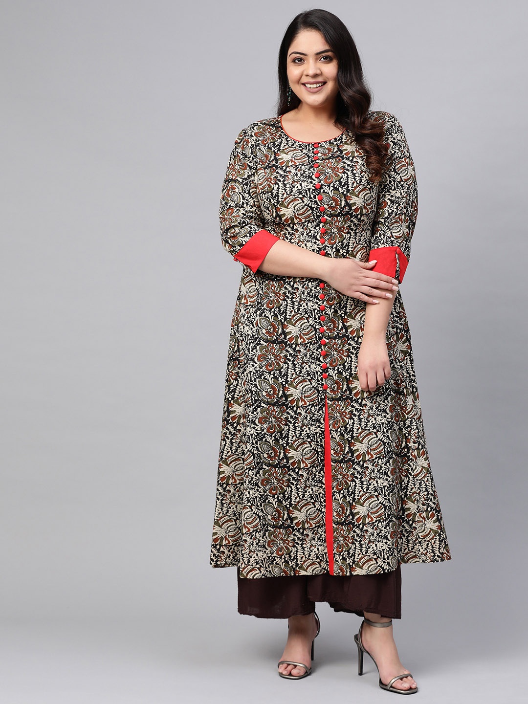 

YASH GALLERY Women Plus Size Beige & Black Floral Print A-Line Kurta