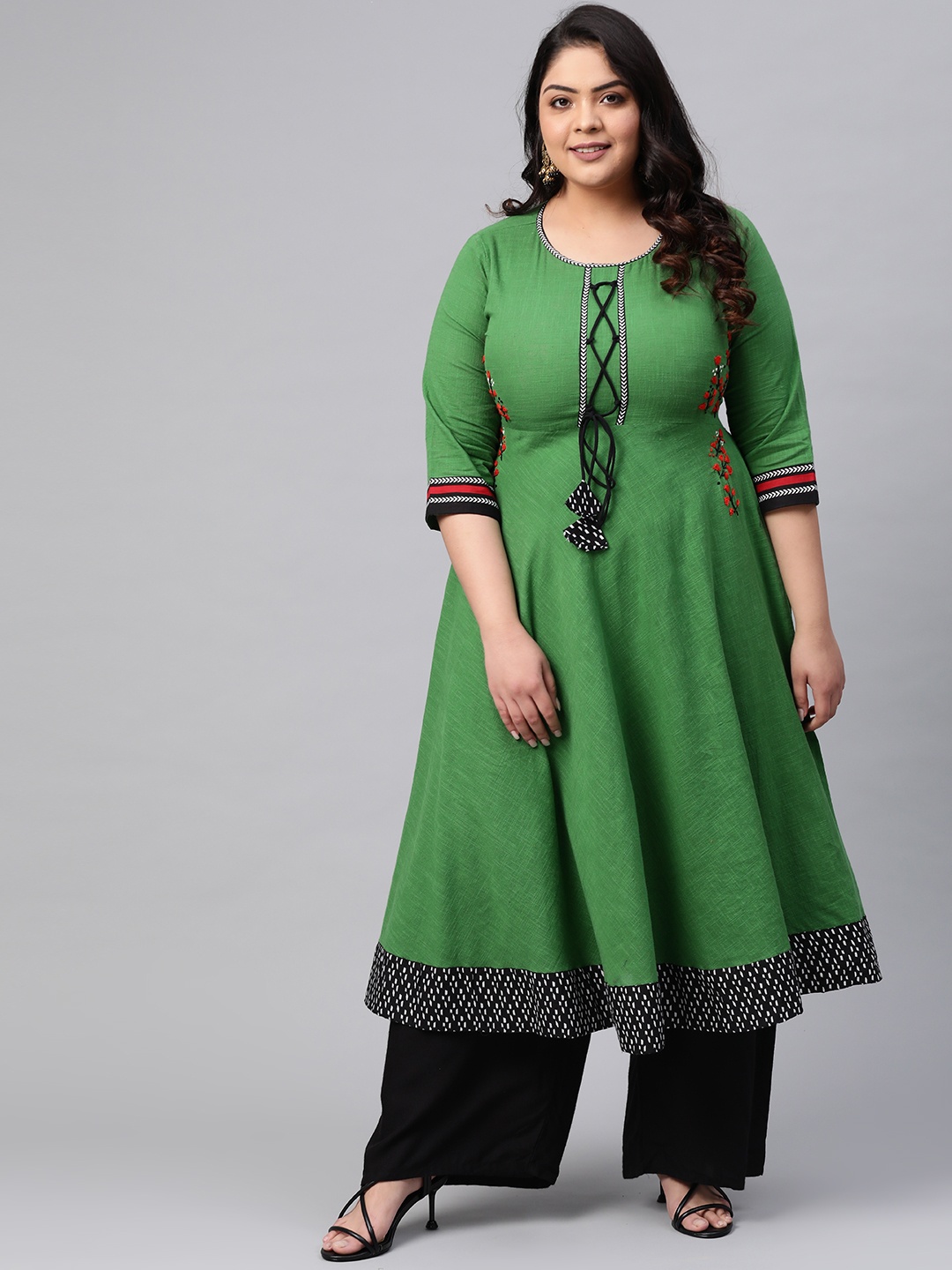 YASH GALLERY Plus Size Women Green & Black Solid A-Line Kurta