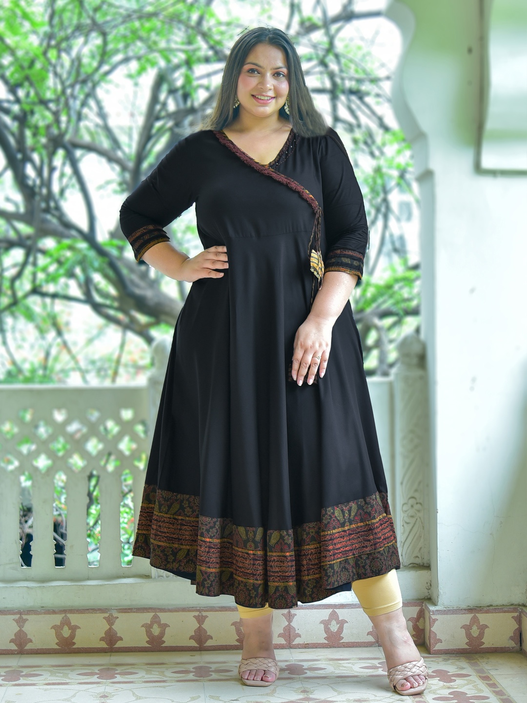 

YASH GALLERY Plus Size Women Black Solid Anarkali Angrakha Kurta