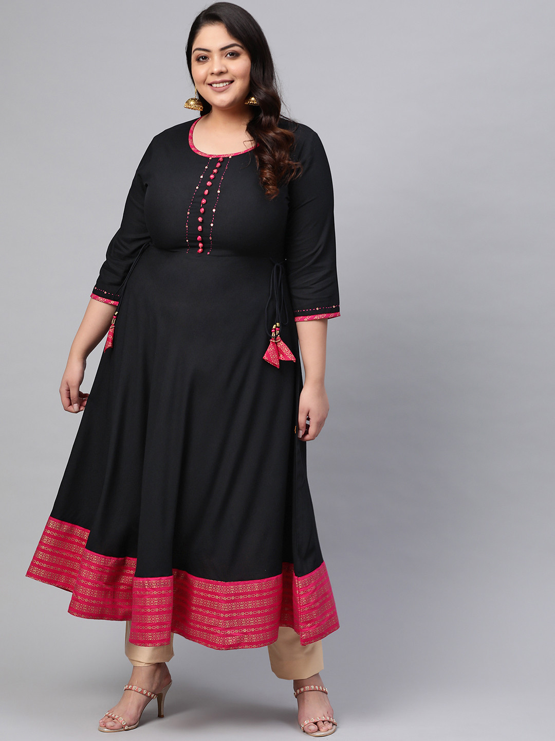 

YASH GALLERY Plus Size Women Black Solid A-Line Kurta