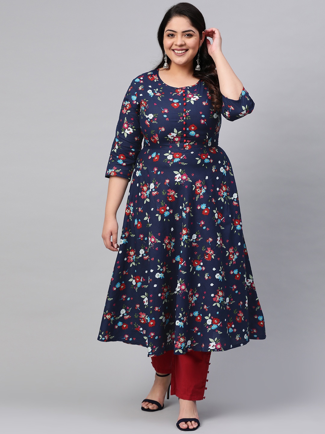 

YASH GALLERY Plus Size Women Navy Blue & Red Floral Print A-Line Kurta