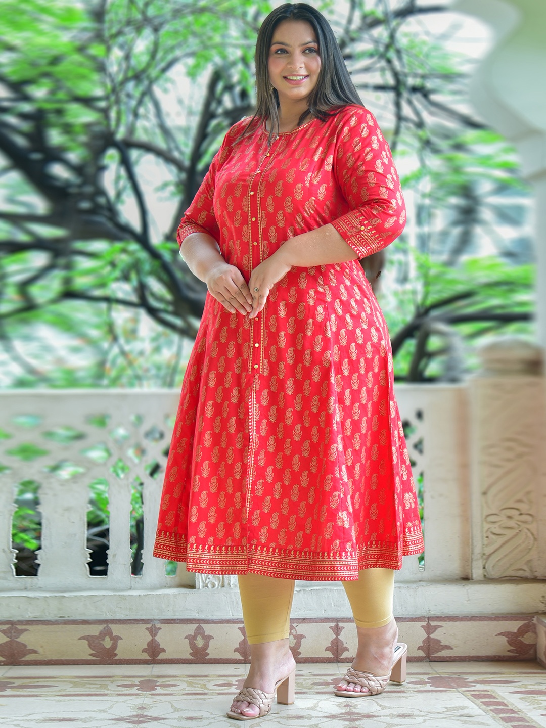 YASH GALLERY Women Plus Size Red & Golden Paisley Printed Anarkali Kurta
