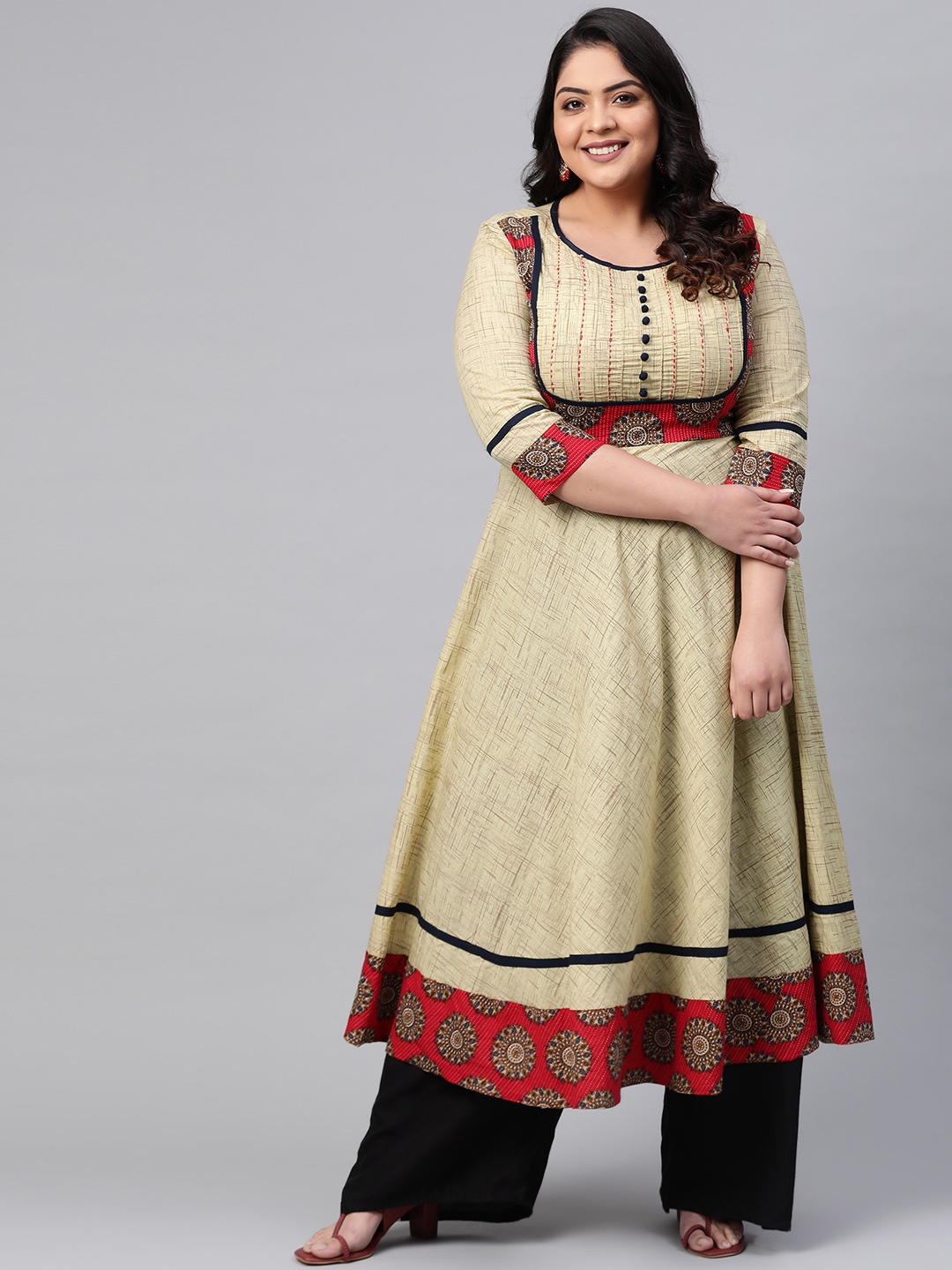 

YASH GALLERY Plus Size Women Beige & Maroon Yoke Design A-Line Kurta