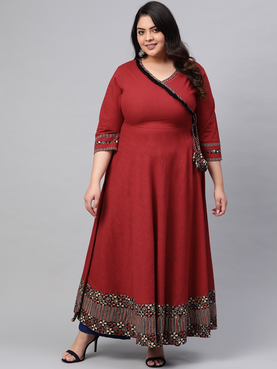 

YASH GALLERY Women Maroon Plus Size Solid Angrakha Anarkali Kurta