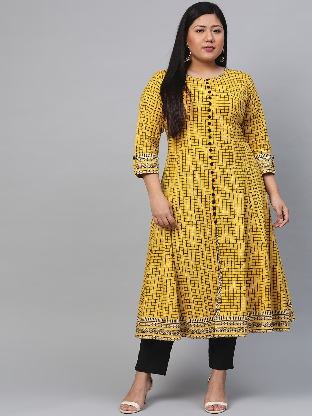 

YASH GALLERY Plus Size Women Mustard Yellow & Black Cotton Checked A-Line Kurta