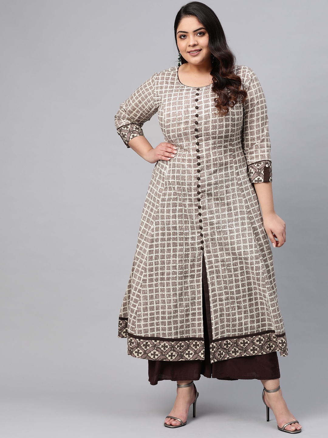 

YASH GALLERY Women Plus Size Taupe & Off-White Checked A-Line Kurta