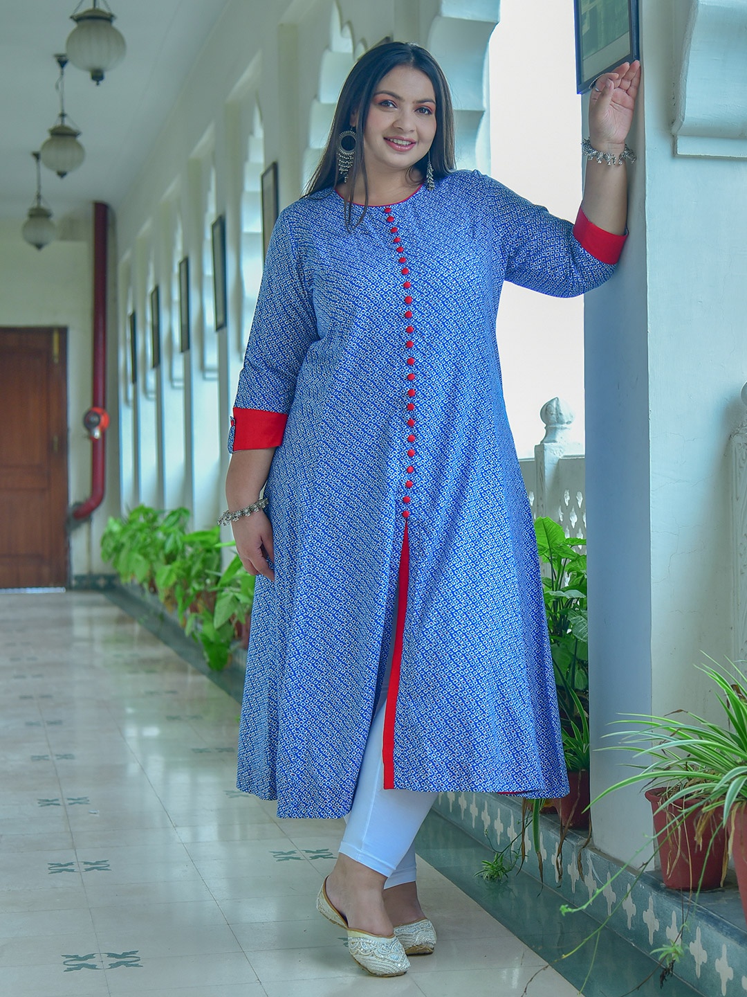 

YASH GALLERY Plus Size Women Navy Blue & White Geometric Print A-Line Kurta with Frontslit, Teal