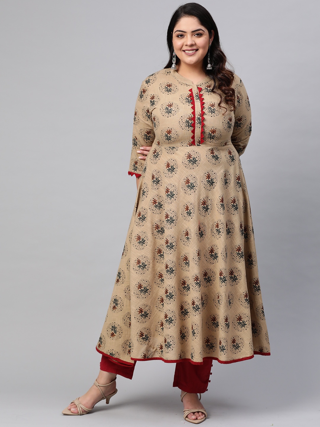 

YASH GALLERY Plus Size Women Beige & Green Ethnic Motifs Print A-Line Kurta