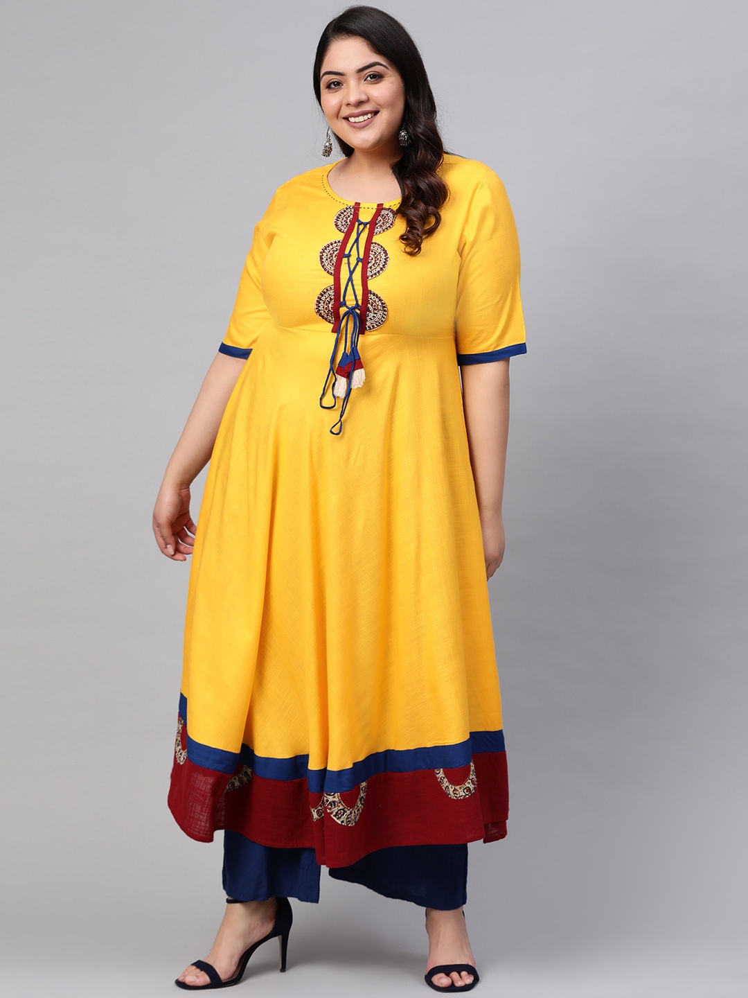 

YASH GALLERY Plus Size Women Mustard Yellow Embroidered Yoke Design A-Line Kurta