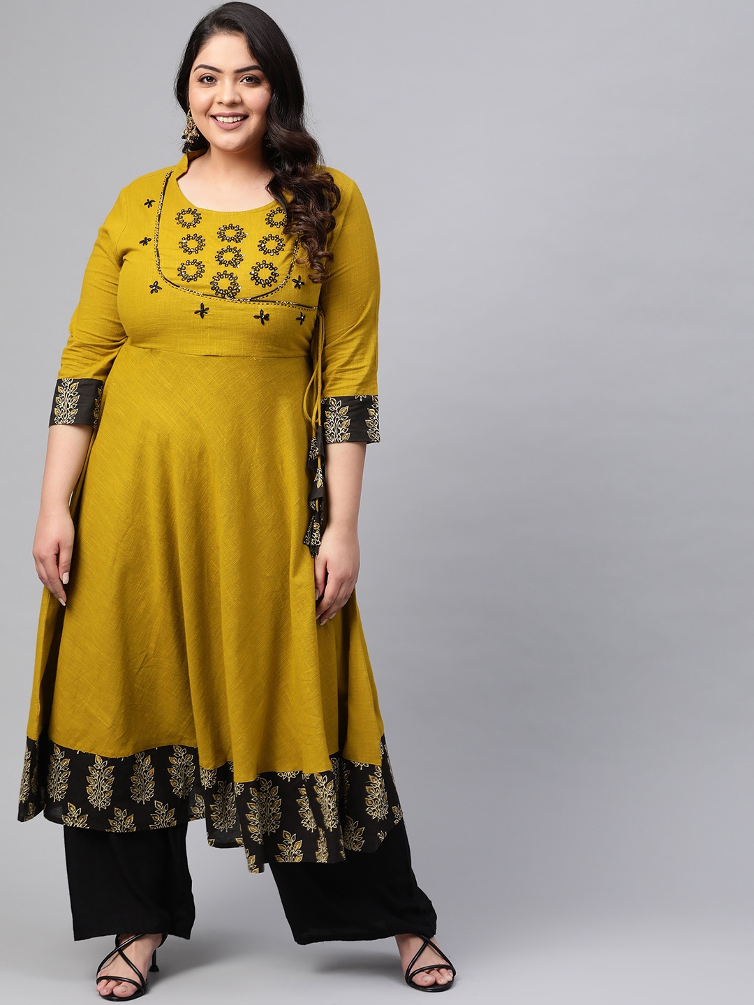 

YASH GALLERY Plus Size Women Mustard & Black Yoke Design A-Line Kurta