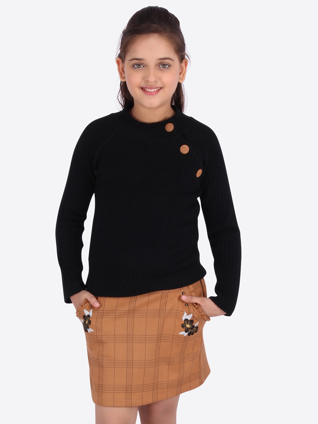 

CUTECUMBER Girls Black & Brown Self Design Top with Skirt