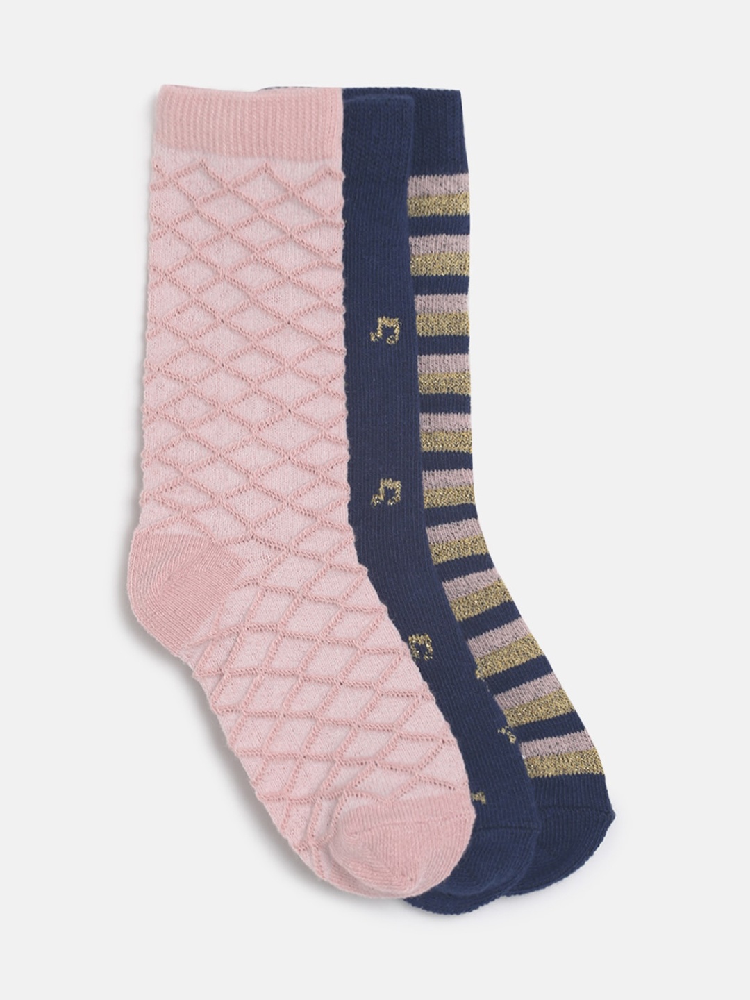 

MINI KLUB Girls Pack of 3 Pink & Navy Blue Patterned Calf-Length Socks