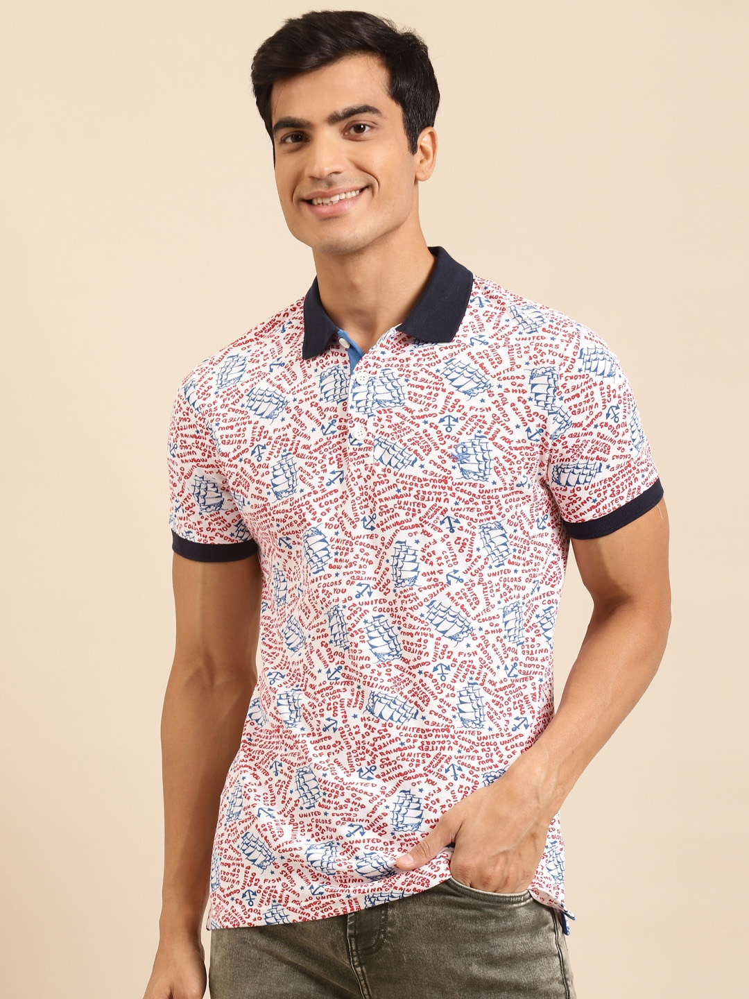 

United Colors of Benetton Men White Red Printed Pure Cotton Polo Collar Pure Cotton T-shirt