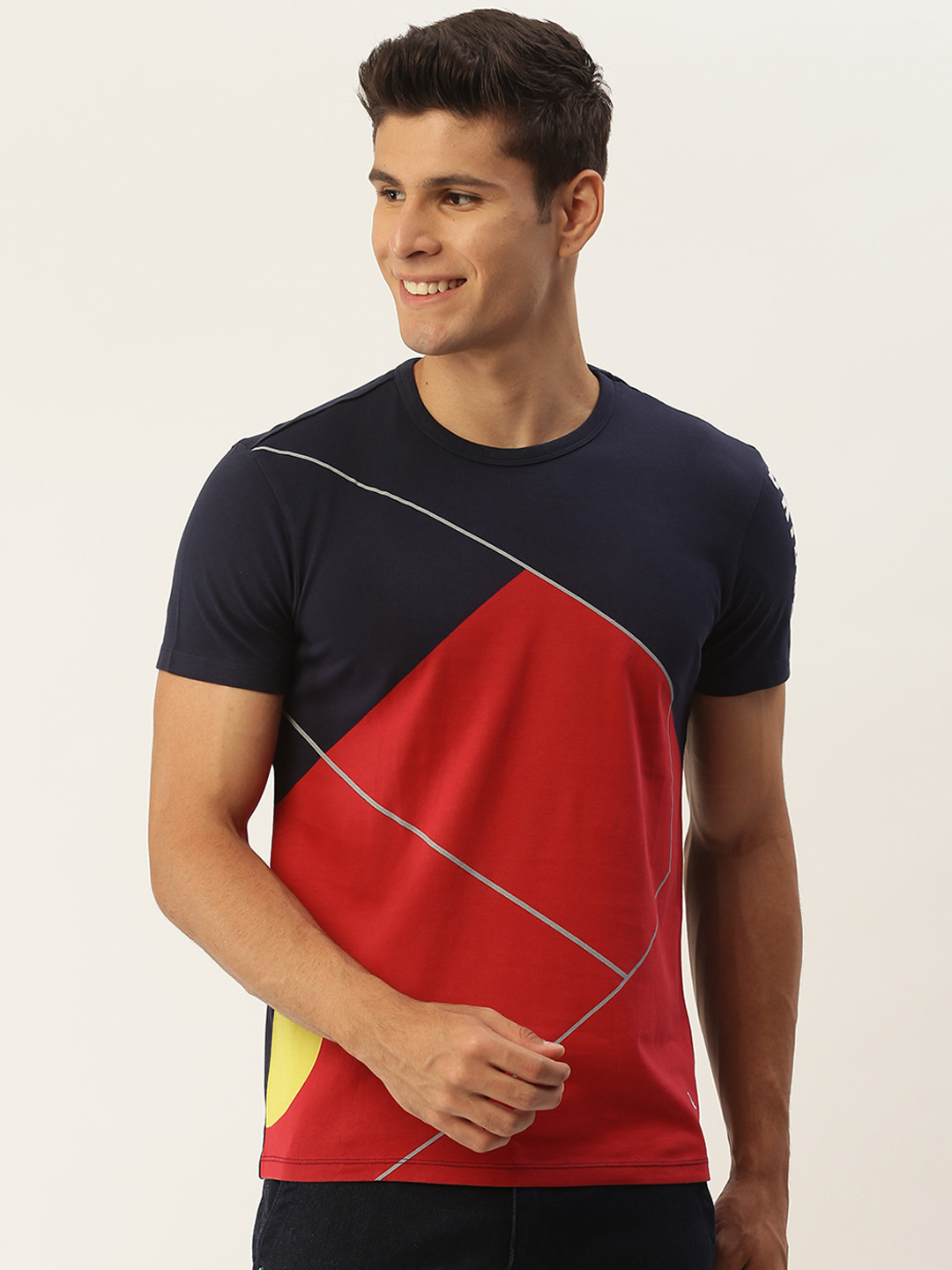 

United Colors of Benetton Men Navy Blue Red Colourblocked Pure Cotton T-shirt