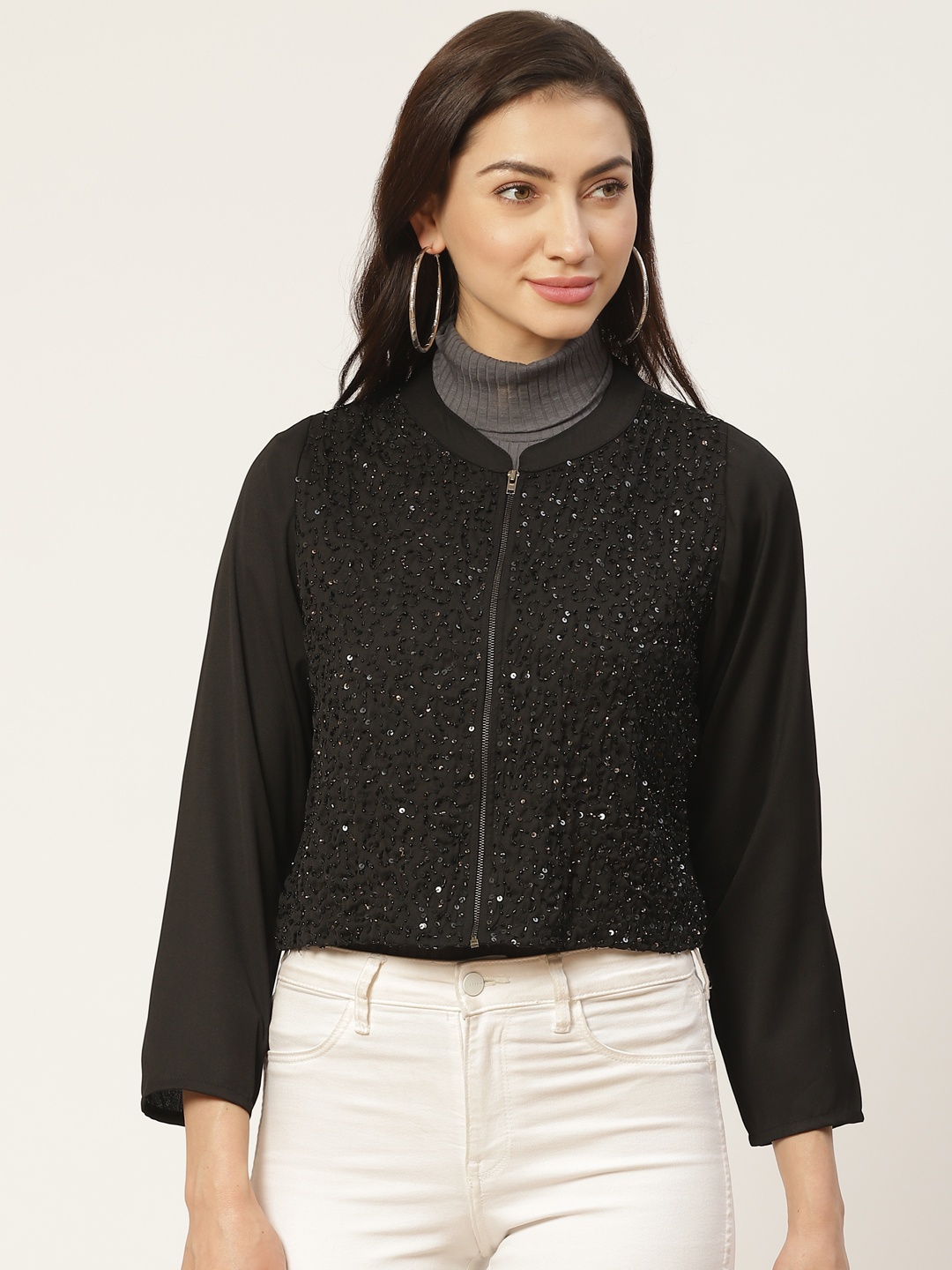 

Antheaa Women Black Embellished Tailored Jacket