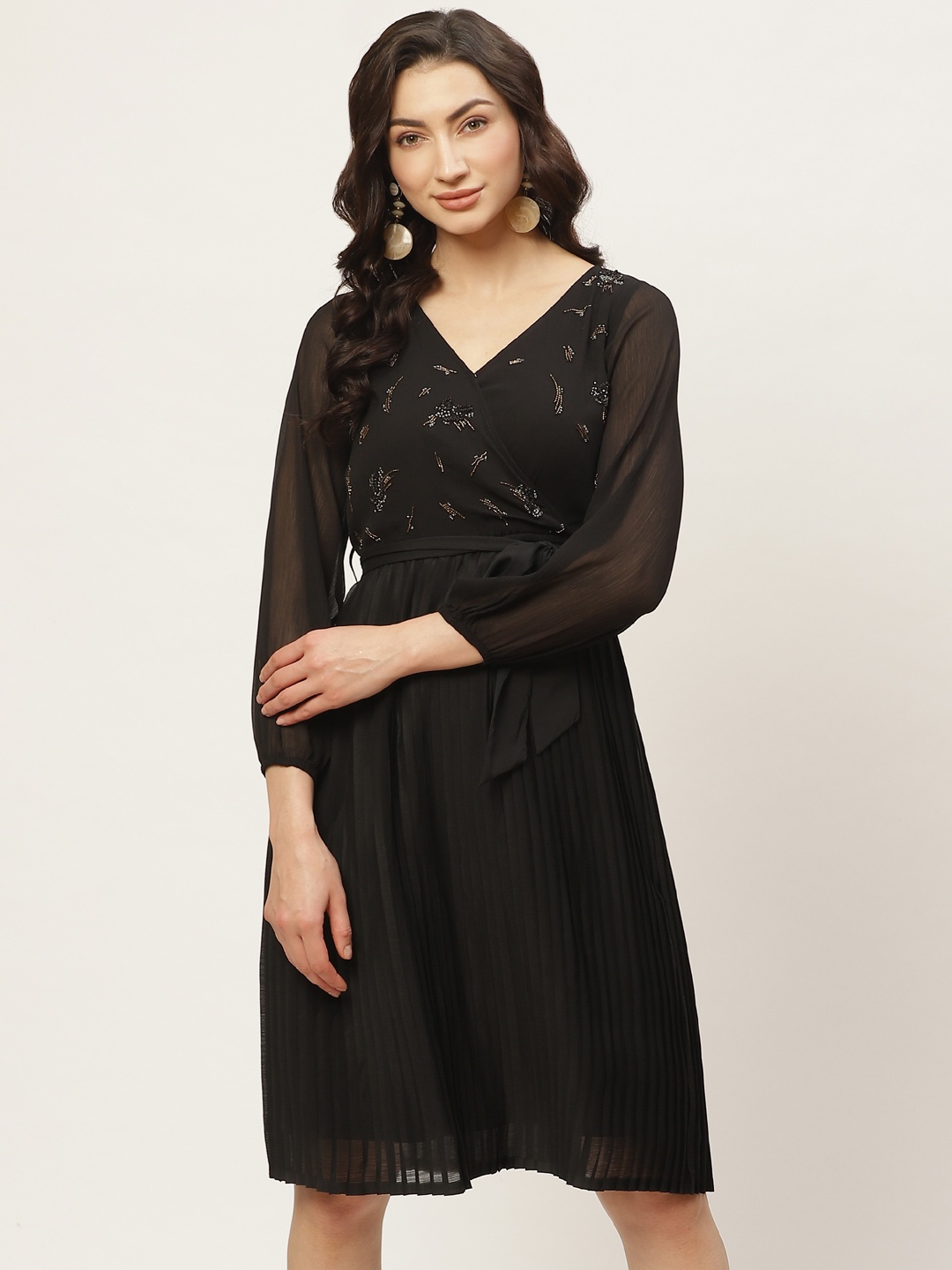 

Antheaa Women Black Embellished Accordion Pleat Wrap Dress With Belt