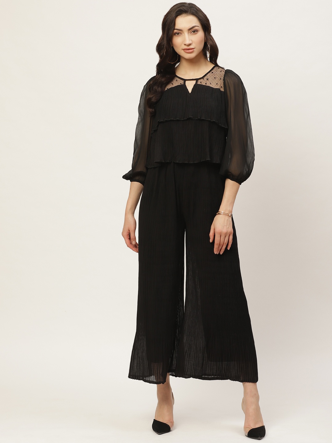

Antheaa Women Black Solid Accordion Pleated Layered Basic Jumpsuit